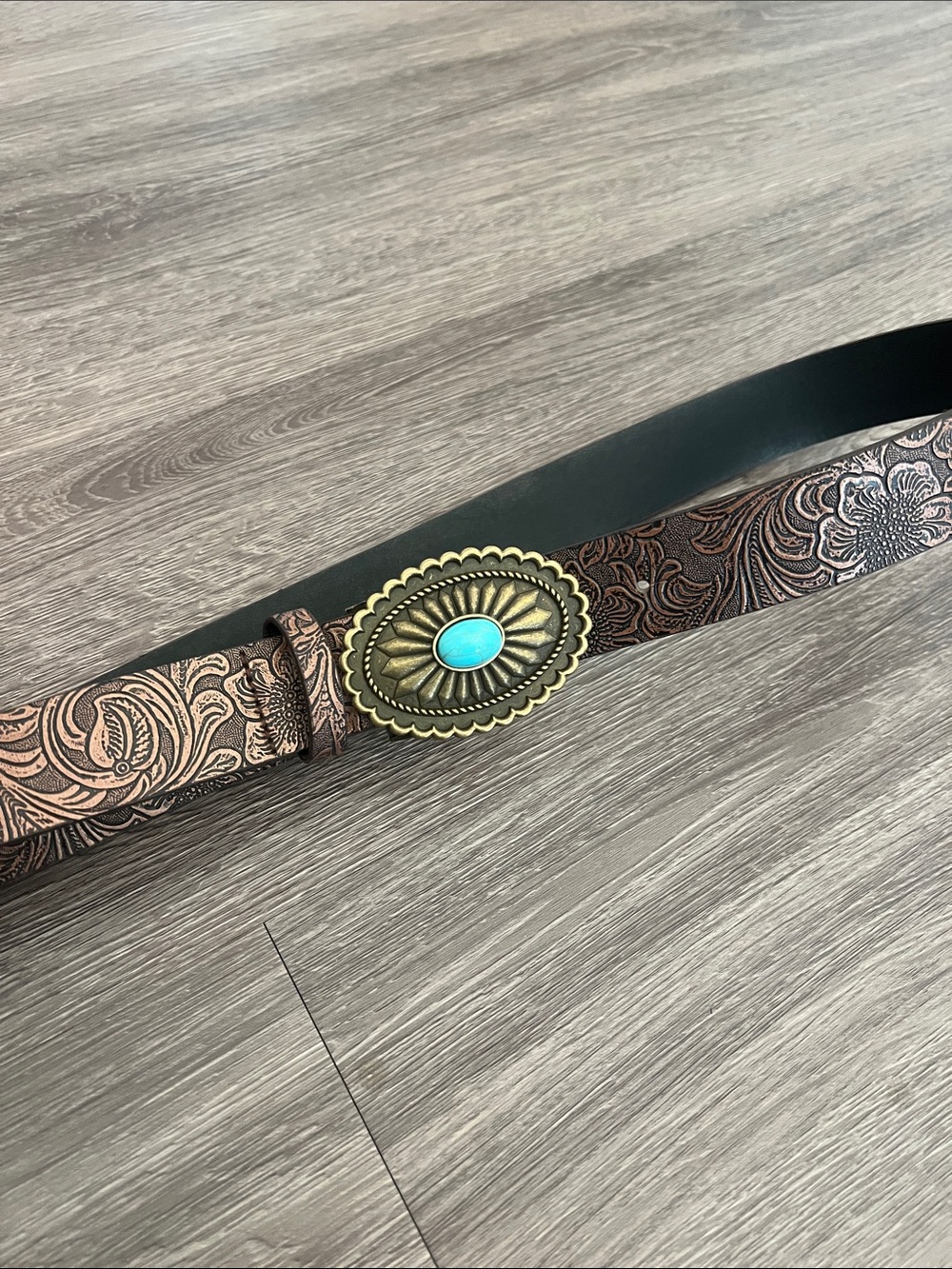 Tooled Leather Western Belt with Turquoise Concho